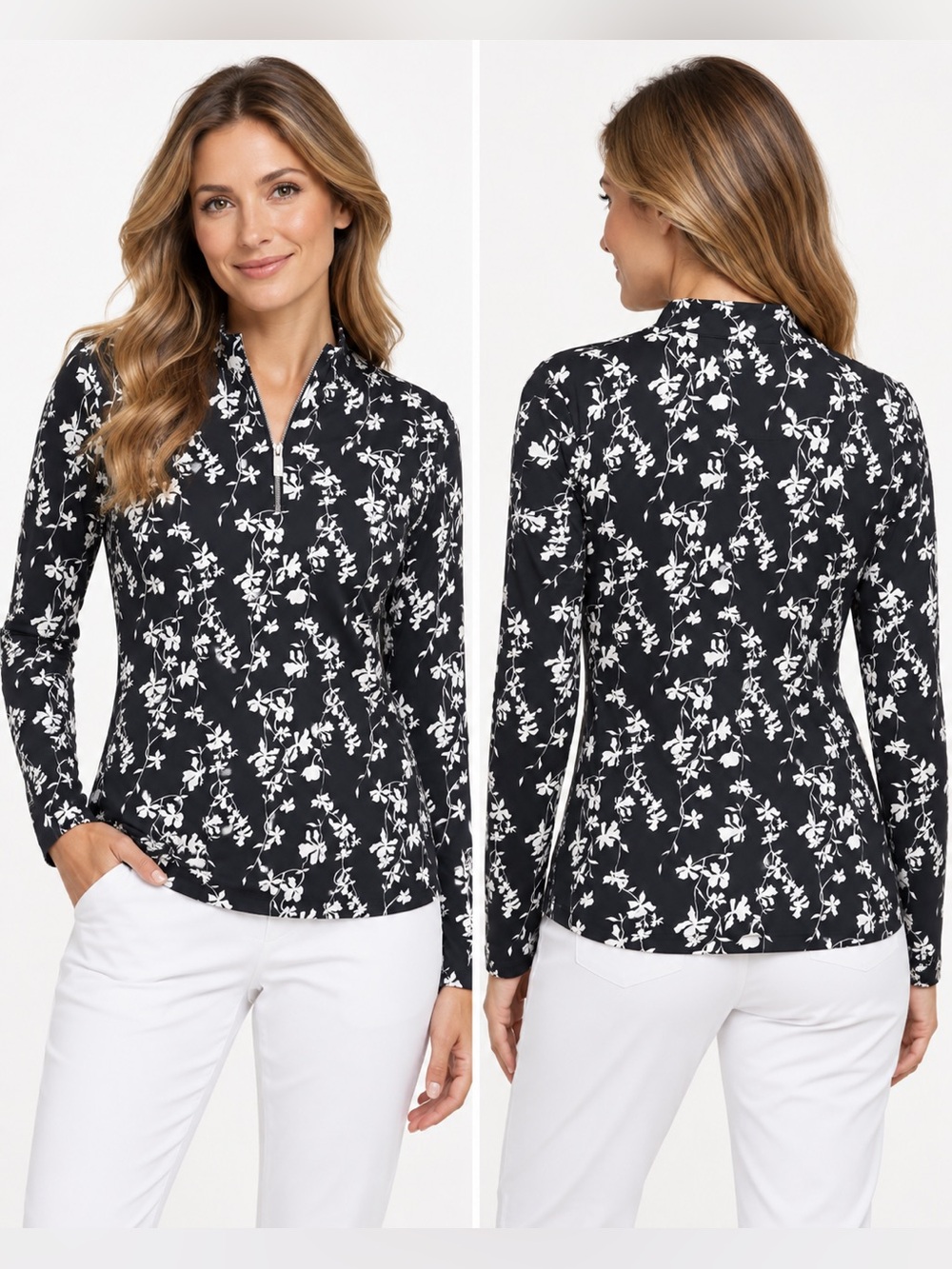 Tail White Label Women’s M Black White Floral Quarter Zip Golf Pullover Top